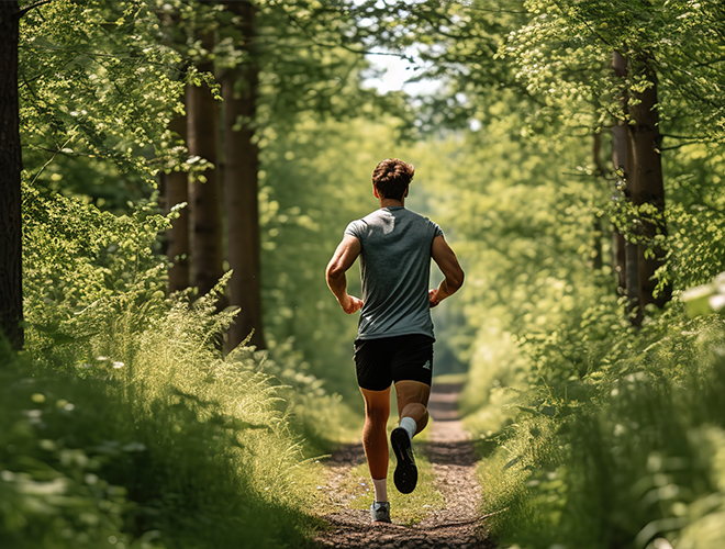 Ein Mann joggt durch einen Wald.