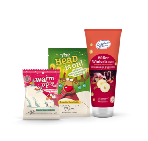 Produktabbildungen der Produkte: Sprudeltab Warm up for fun, Schaumbad The Head is on! und Duschgel Suesser Wintertraum
