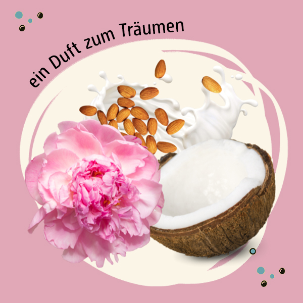 Abbildungen der Duftkomponenten Pfingstrose, Mandelmilch und Kokosnuss und der Spruch "ein duft zum Traeumen"