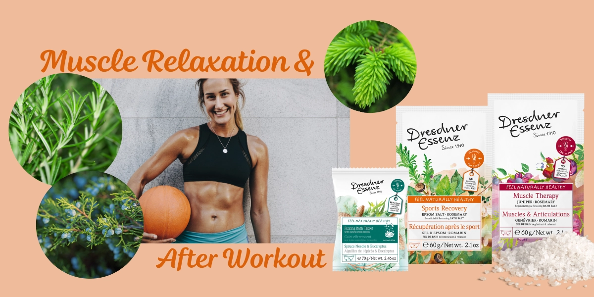 Abgebildet ist eine Frau mit Basketball und verschiedene Dresdner Essenz Produkte, die sich gut nach dem Sport eignen. Ausserdem sind verschiedene Kraeuter abgebildet und die Worte "Muscle Relaxation & After Workout"