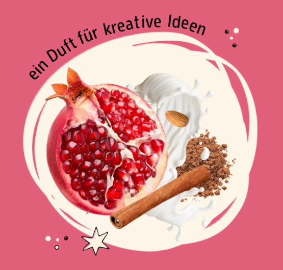 Abbildungen der Duftkomponenten Granatapfel, Mandelmilch und Zimt und der Spruch "ein duft fuer kreative Ideen"