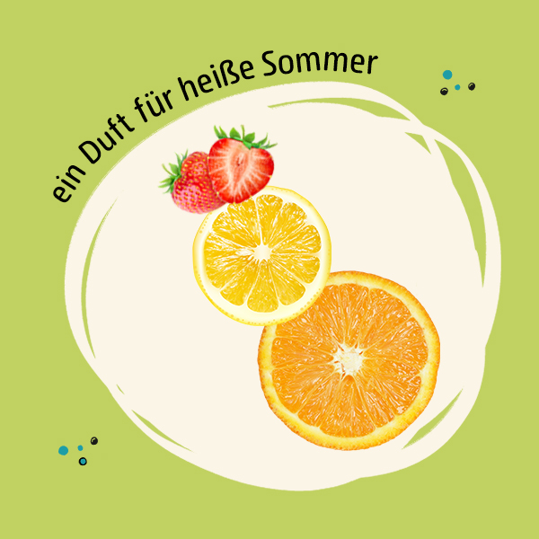 Abbildungen der Duftkomponenten Erdbeere, Orange und Zitrone und der Spruch "ein Duft fuer heisse Sommer"