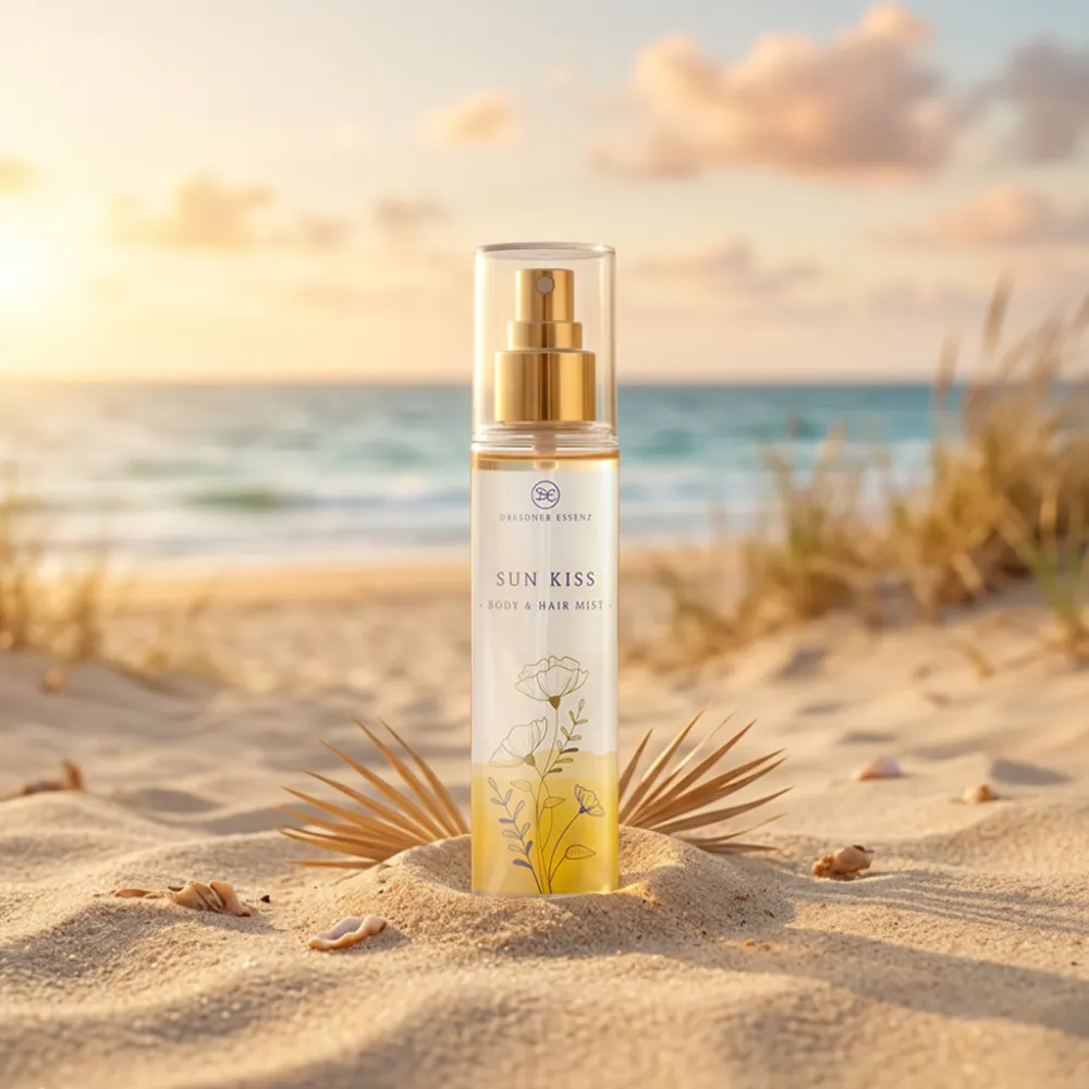 Bodyspray Sun Kiss steht am Strand bei Sonnenuntergang