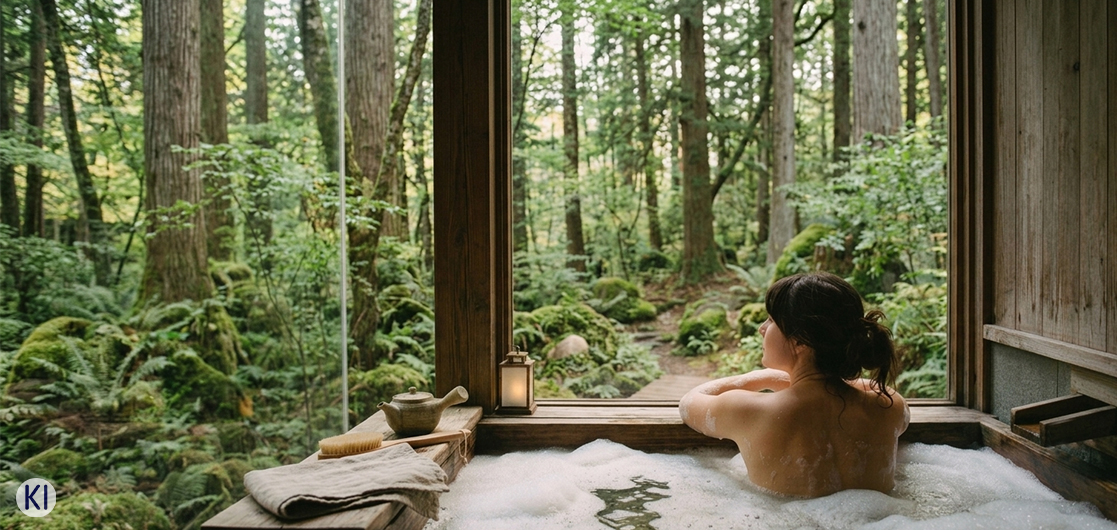 Frau sitzt in der Badewanne und schaut durch ein Panoramafenster in den Wald hinaus