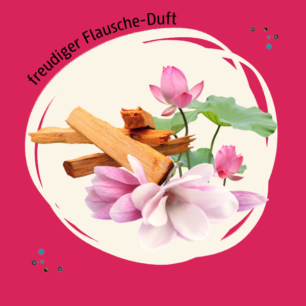 Abbildung der Duftkomponenten Magnolie, Lotos und Sandelholz und der Spruch "freudiger Flausche-Duft"