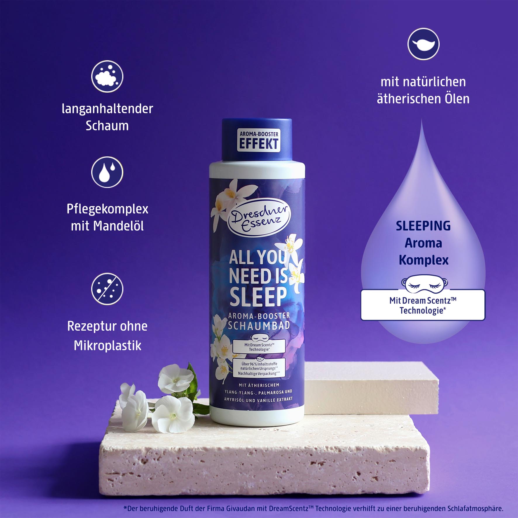 Aroma-Booster Schaumbad All you need is sleep bietet langanhaltenden Schaum, einen Pflegekomplex mit Mandeloel, eine Rezeptur ohen Mikroplastik, ist mit natuerlichen aetherischen Oelen und mit einem speziellen SLEEPING Aroma Komplex.