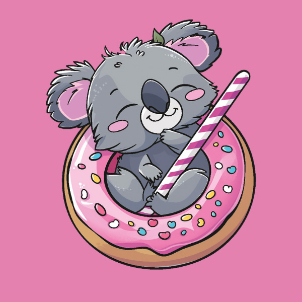 Ein Koala sitzt in dem Loch eines pinken Donuts und hat eine Zuckerstange in der Hand.