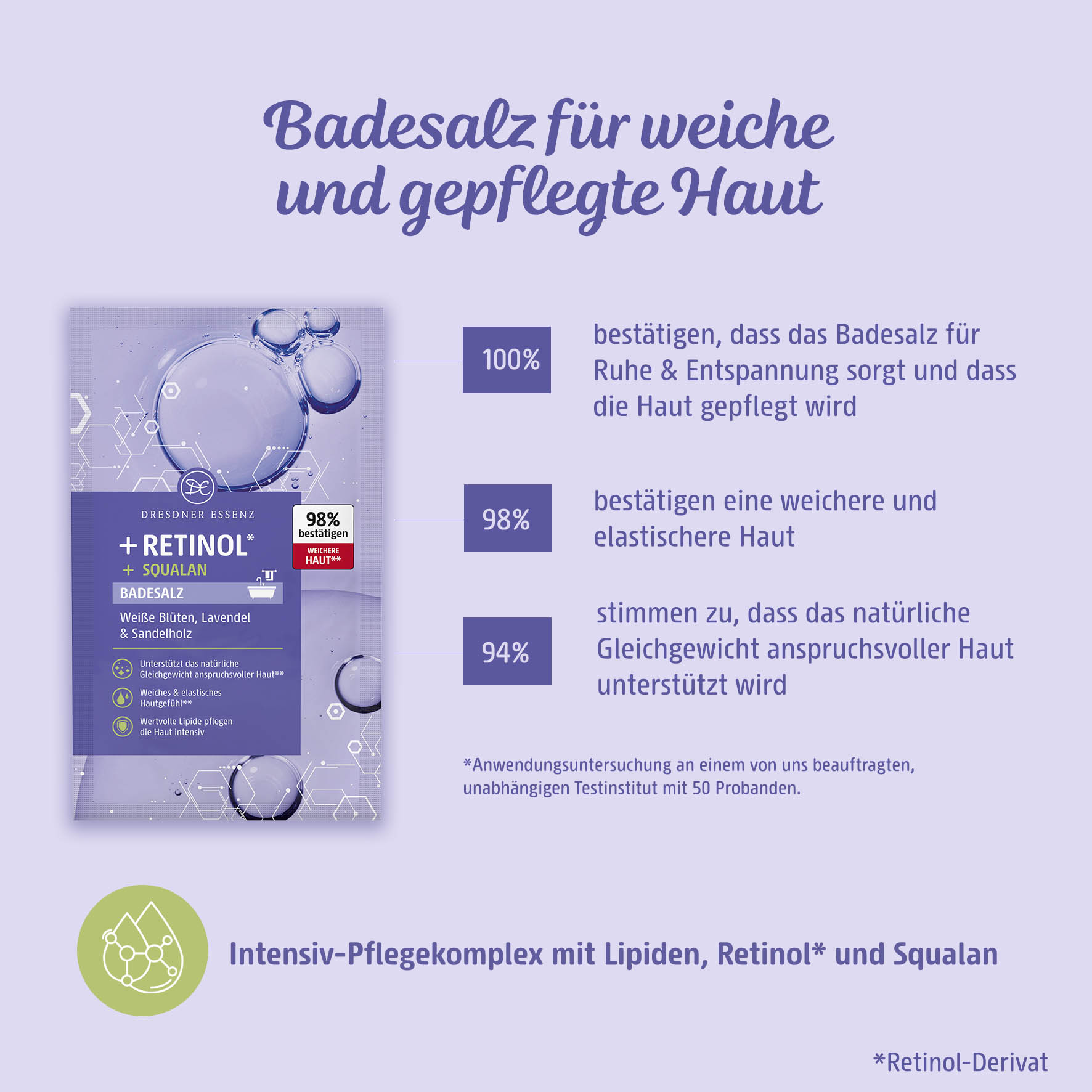 Badesalz mit Retinol für weiche und gepflegte Haut mit einem Intensiv-Pflegekomplex mit Lipiden, Retinol-Derivat und Squalan