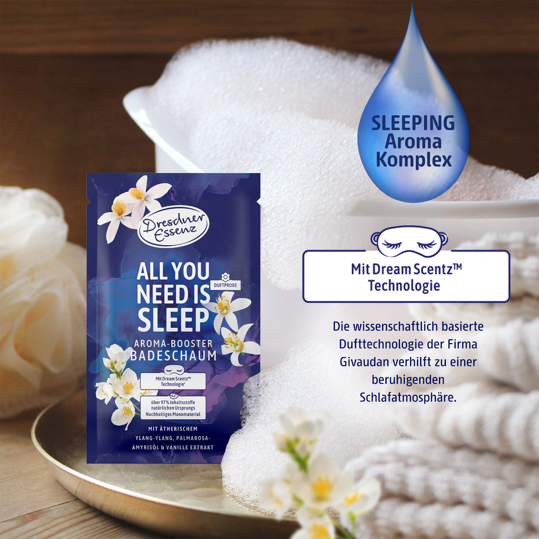 Aroma-Booster Badeschaum All you need is sleep ist mit SLEEPING Aroma Komplex und DreamScentz Technologie