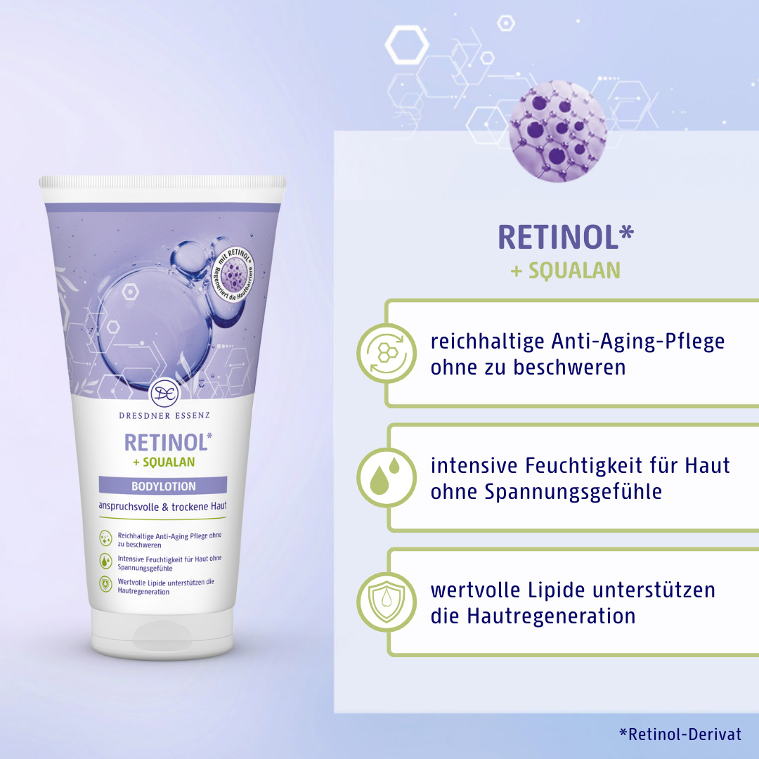 Bodylotion mit Retinol ist eine reichhaltige Anti-Aging-Pflege ohne zu beschweren; spendet intensive Feuchtigkeit für Haut ohne Spannungsgefuehle und wertvolle Lipide unterstuetzen die Hautregeneration