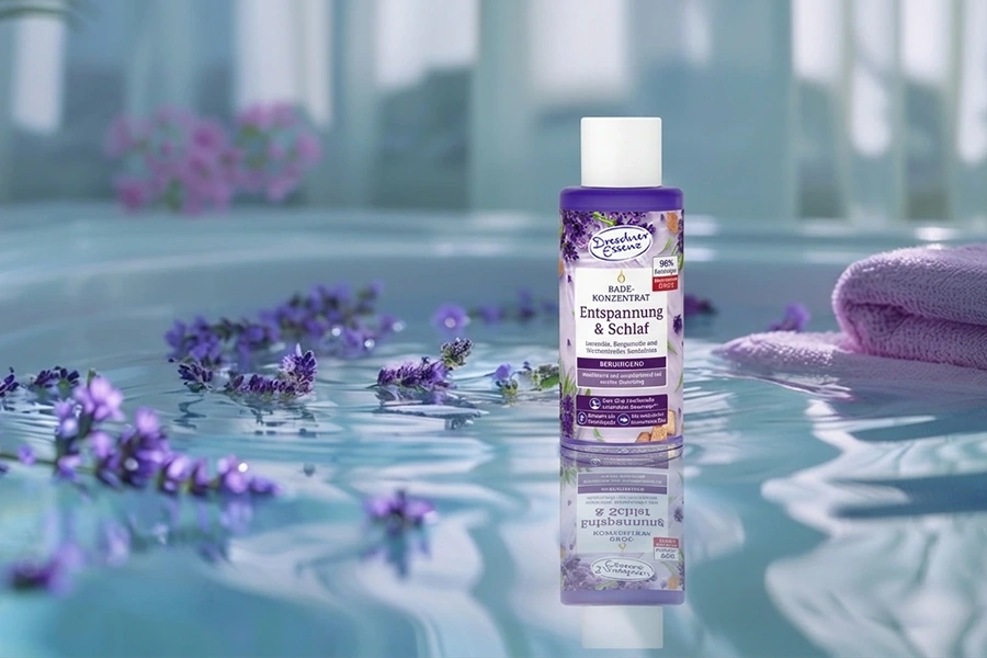 Badekonzentrat mit Lavendel schwimmt im Wasser