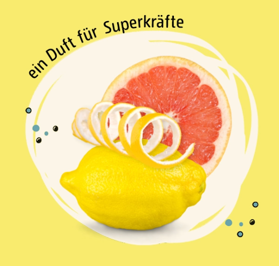 Abbildungen der Duftkomponenten Limette, Grapefruit und Zitrone und der Spruch "ein Duft fuer Superkraefte"