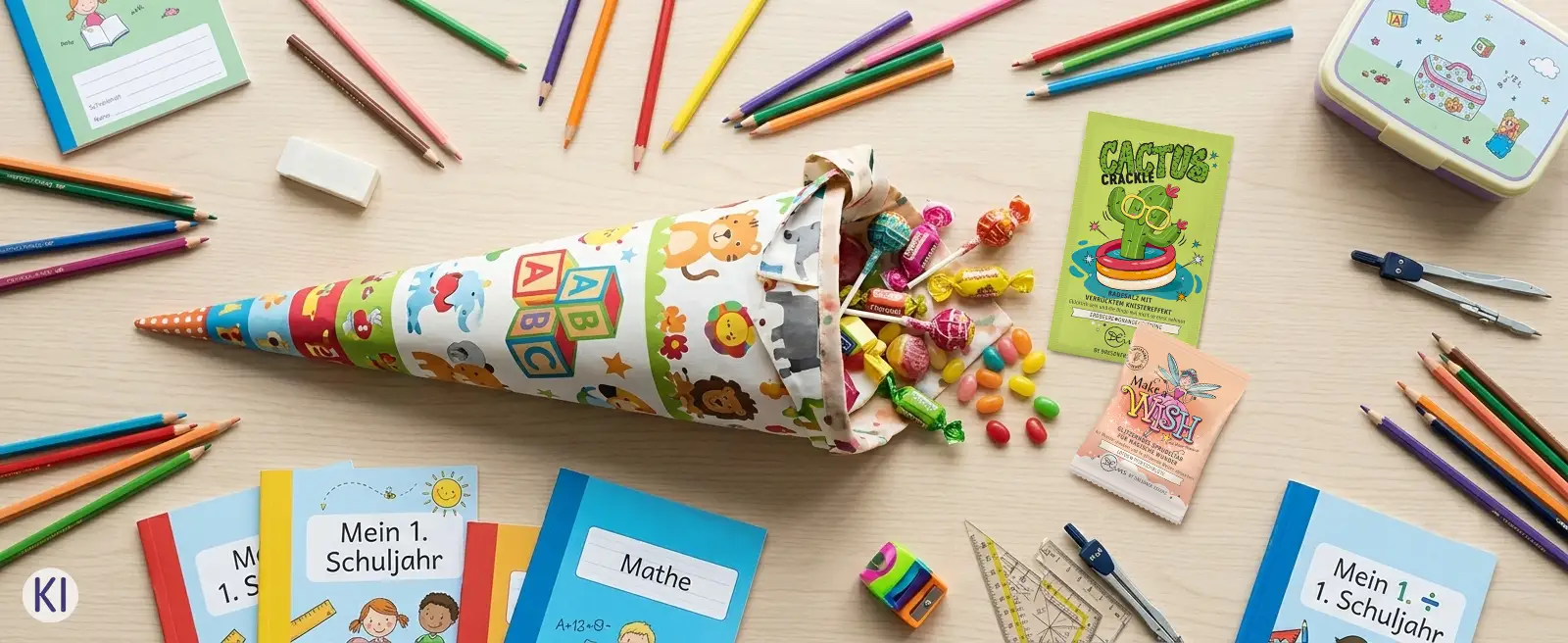geoeffnete Schultuete liegt inmitten von nuetzlichen Dingen fur die Einschulung. Darunter auch Dresdner Essenz Kinderbadezusaetze