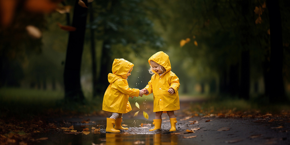Zwei Kinder in gelben Regenjacken stehen in einer Pfuetze und lachen. Im Hintergrund fallen Herbstblaetter vom Himmel.