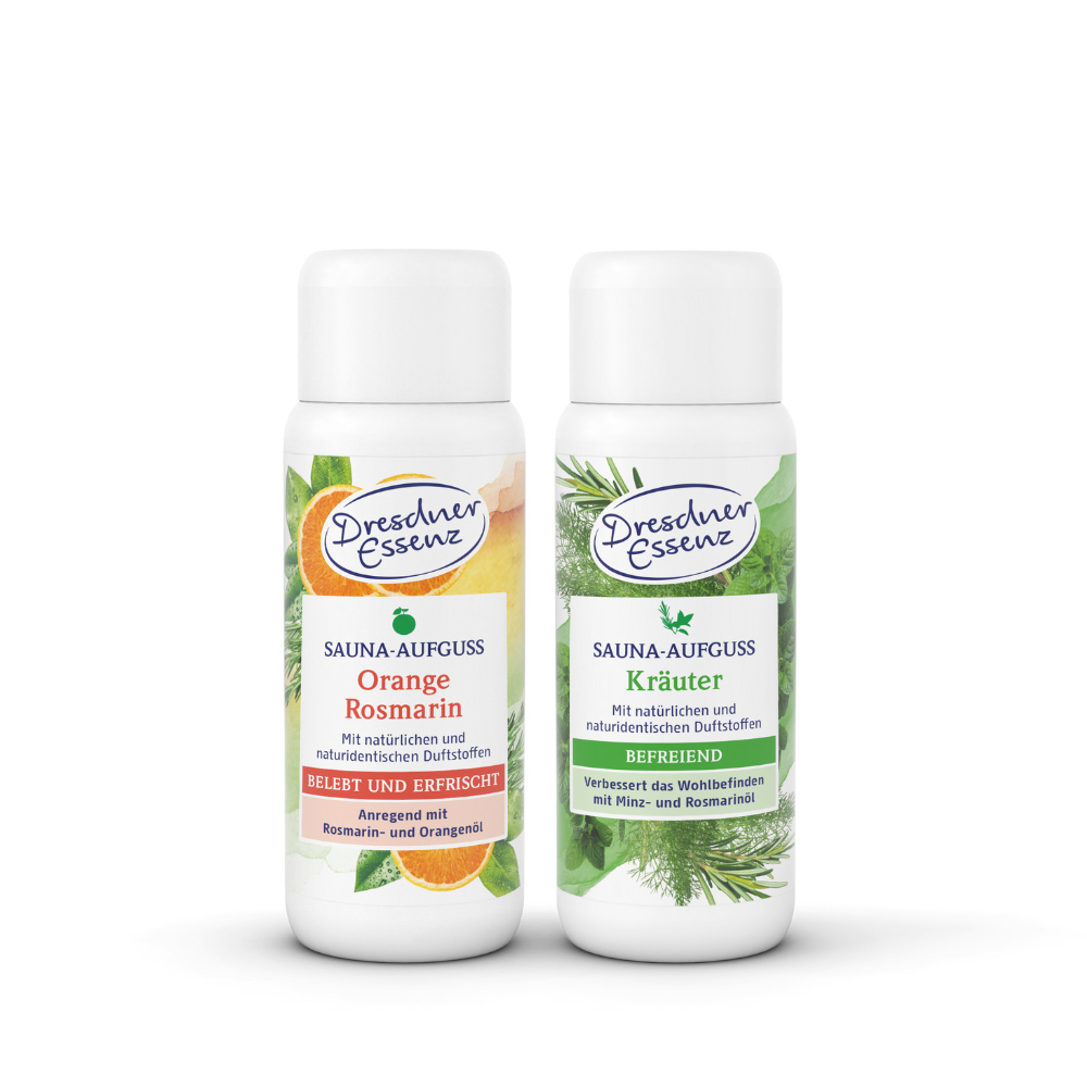 Sauna-Aufguss Vorteil-Set Wohlfuehl-Momente Komponenten des Vorteil-Sets Wohlfuehl-Momente: Sauna-Aufguss Orange-Rosmarin und Sauna-Aufguss Kräuter