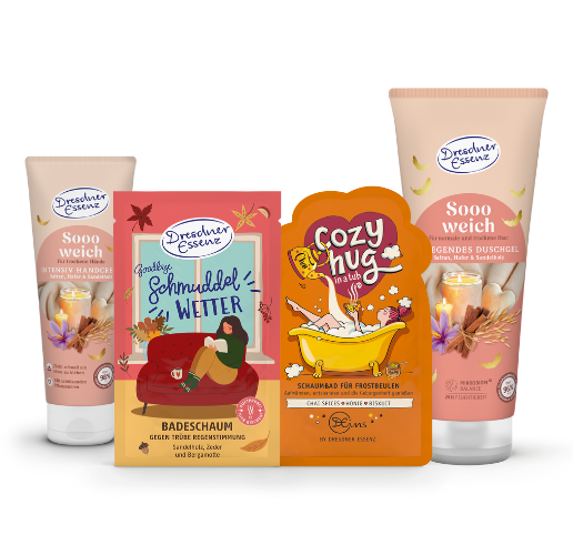 Abbildung der Produkte Handcreme Sooo weich, Badeschaum Goodbye Schmuddelwetter, Badeschaum Cozy Hug in a Tub, Duschgel Sooo weich