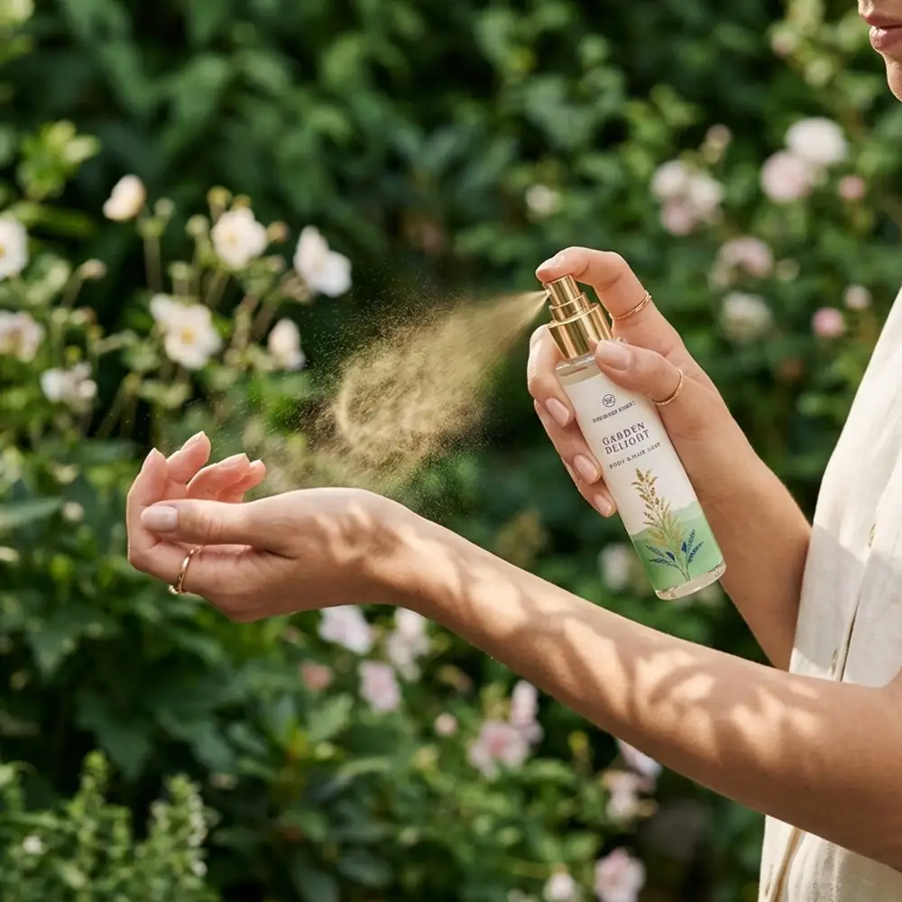 Body & Hair Mist Garden Delight wird auf ein Handgelenk gespüht. Im  Hintergrund ist ein üppiger Blumengarten