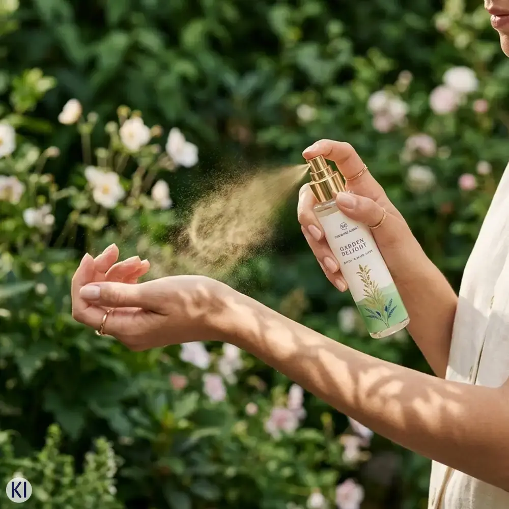 Body & Hair Mist Garden Delight wird auf ein Handgelenk gespüht. Im  Hintergrund ist ein üppiger Blumengarten