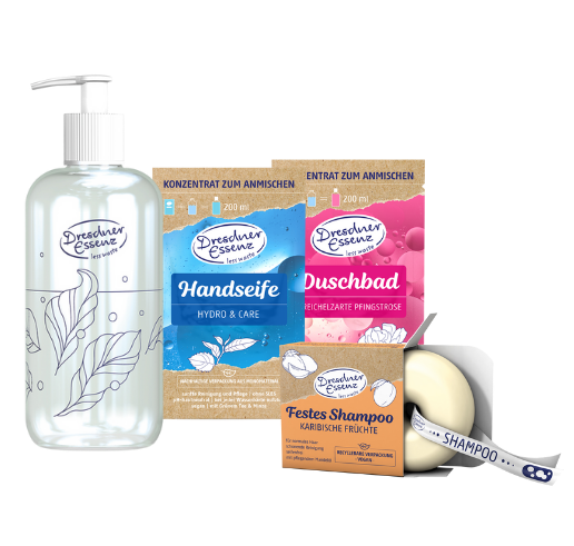 Abbildung der Produkte Nachfuellbarer Pumpspender, Handseife Konzentrat Hydro & Care, Duschbad Konzentrat Streichelzarte Pfingstrose und Festes Shampoo Karibische Fruechte