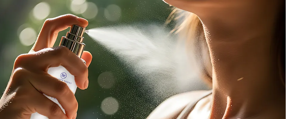 Frau sprüht sich Dresdner Essenz Körperspray an den Hals