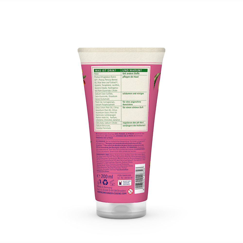 Produktbild Duschgel Bio-Mandel und Pfirsich (Rückseite)