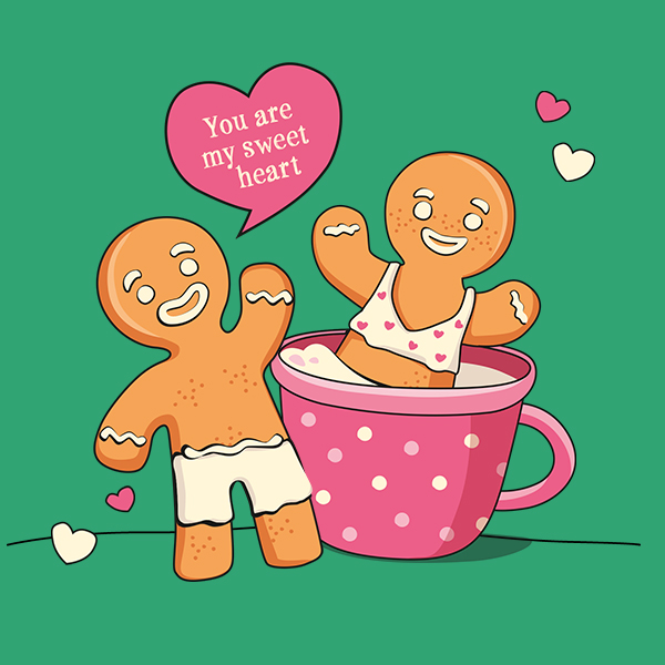 Das Motiv des Schaumbdas "Living the sweet Life" ist abgebildet. Es sind zwei Lebkuchen, ein Mann und eine Frau. Die Lebkuchenfrau schwimmt in einer Tasse und der Lebkuchen-Mann sagt zu ihr: "You are my sweet heart."