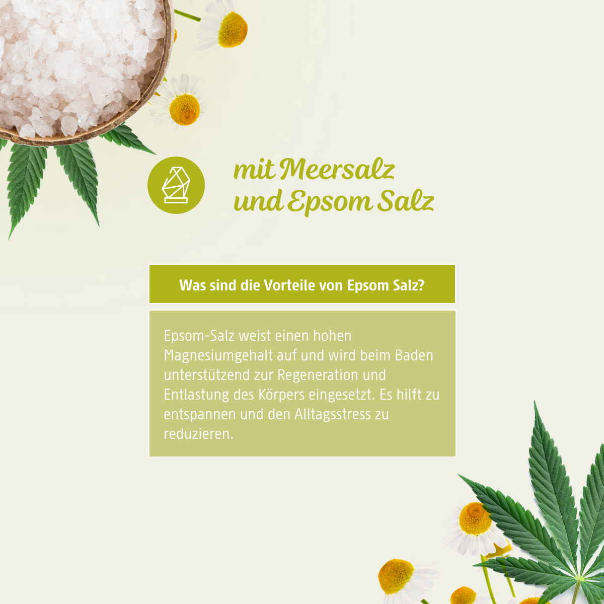 Badesalz De-Stress ist mit Meersalz und Epsom-Salz