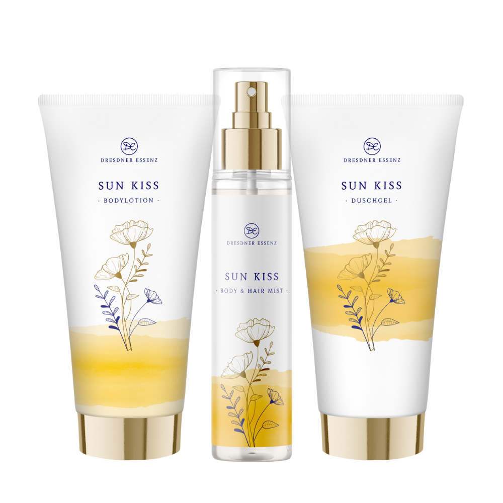 Komponenten des Blossom Festival Vorteil-Set: Duschgel Sun Kiss, Body- & Hair Mist Sun Kiss und Bodylotion Sun Kiss