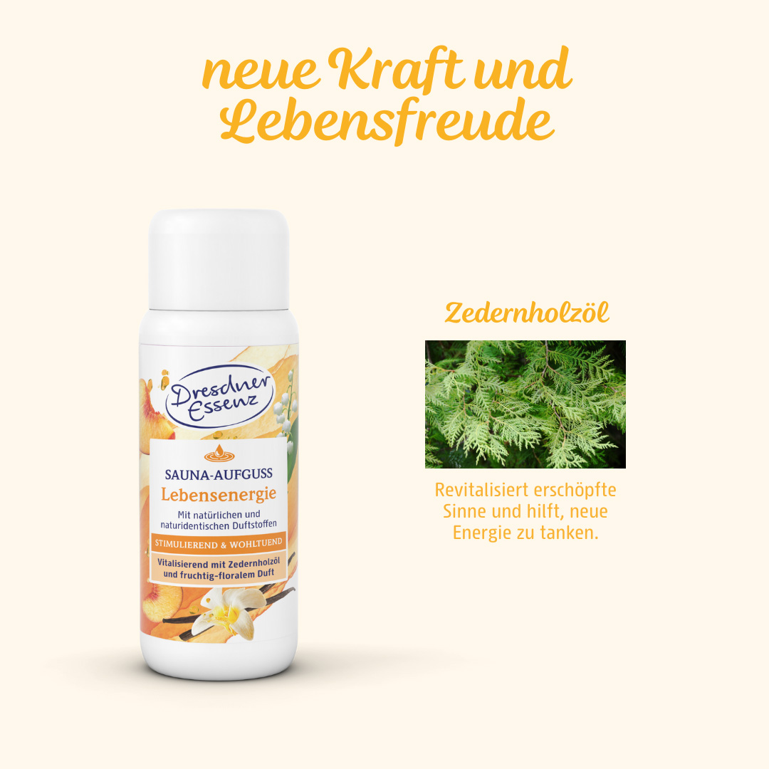 Sauna-Aufguss Lebensenergie mit Zedernholzoel fuer neue Kraft und Lebensfreude