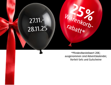 Vom 27.11. bis 28.11. gibt es 25 Prozent Rabatt auf den Warenkorb.