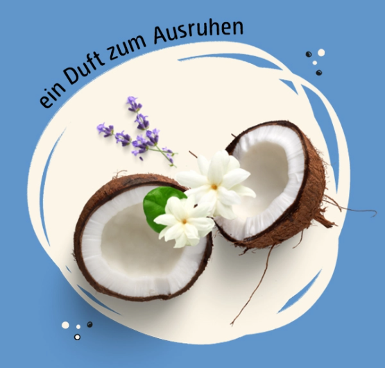 Abbildungen der Duftkomponenten Kokosnuss, Lavendel und Jasmin und der Spruch "ein Duft zum Ausruhen"