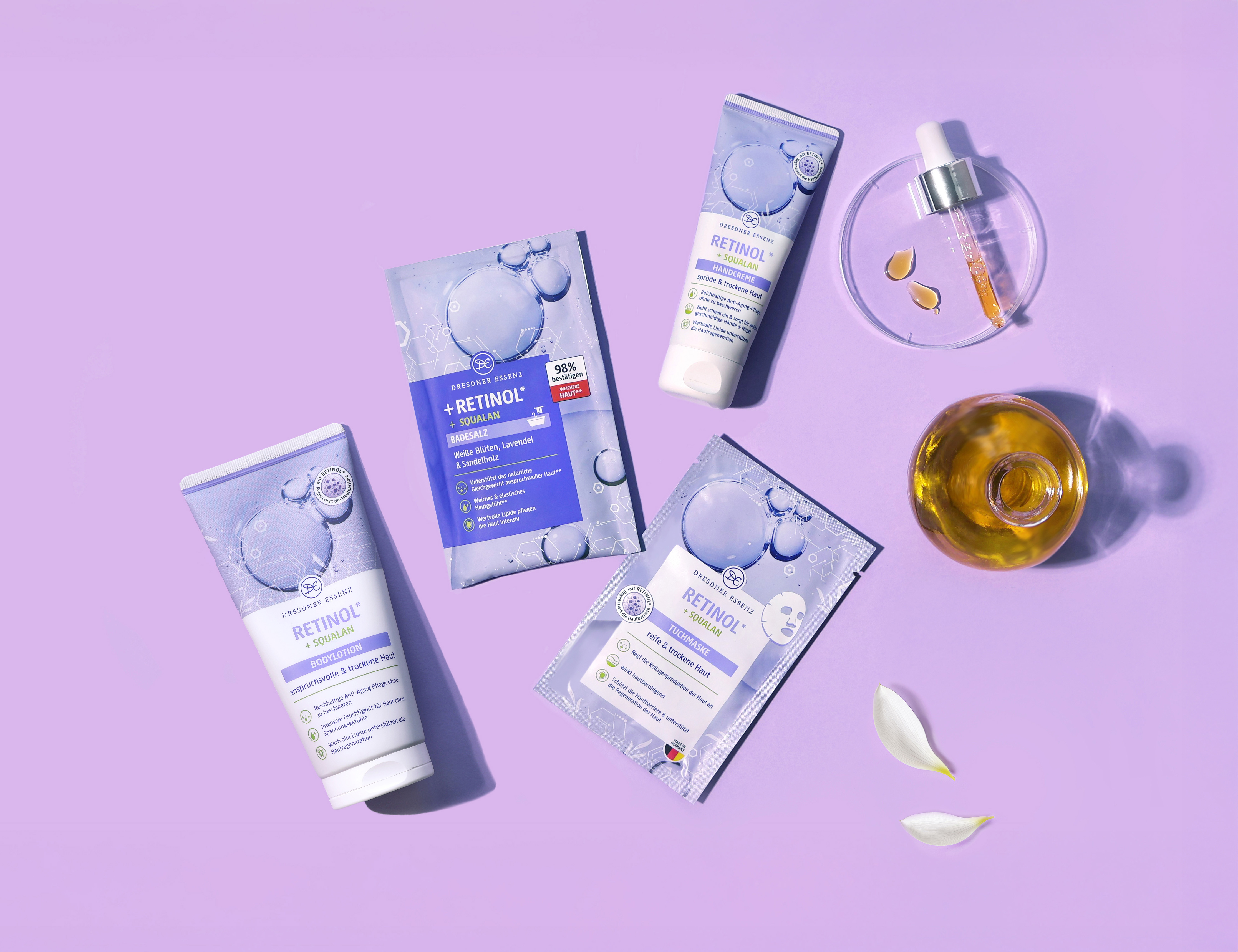 Die Produkte Badesalz, Tuchmaske, Handcreme und Bodylotion aus der Retinol Serie liegen nebeneinander und drum herum liegen dekorativ Blueten und eine Pipette.