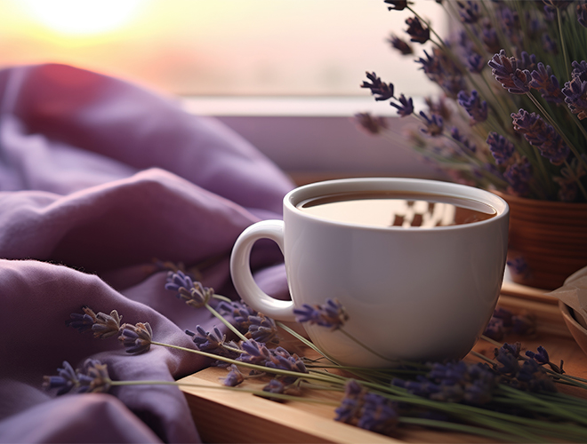 Nahaufnahme einer Tasse Tee, die auf einem Tablett in einem Bett ist; auf dem Tablett liegen zusaetzlich mehrere Lavendelzweige