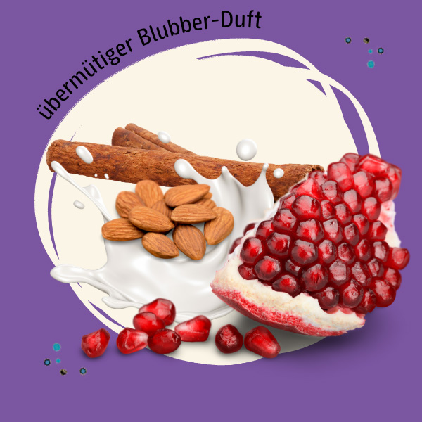Abbildungen der Duftkomponenten Granatapfel, Mandelmilch und Zimt und der Spruch "uebermuetiger Blubber-Duft"