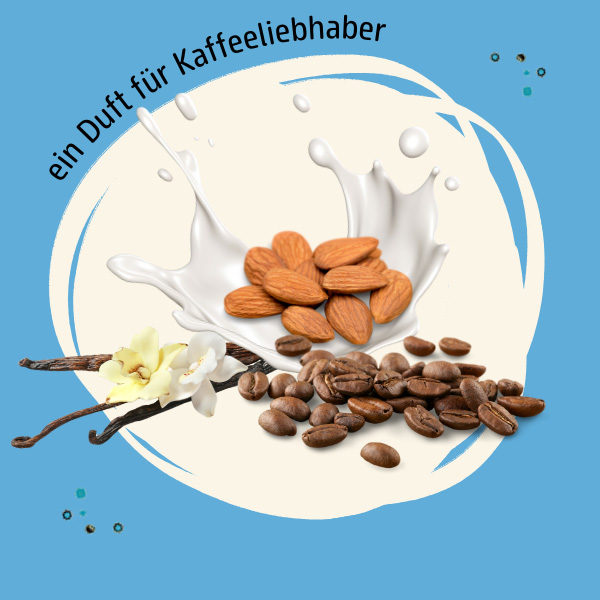 Abbildungen der Duftkomponenten Kaffee, Vanille und Mandelmilch und der Spruch "ein Duft fuer Kaffeeliebhaber"