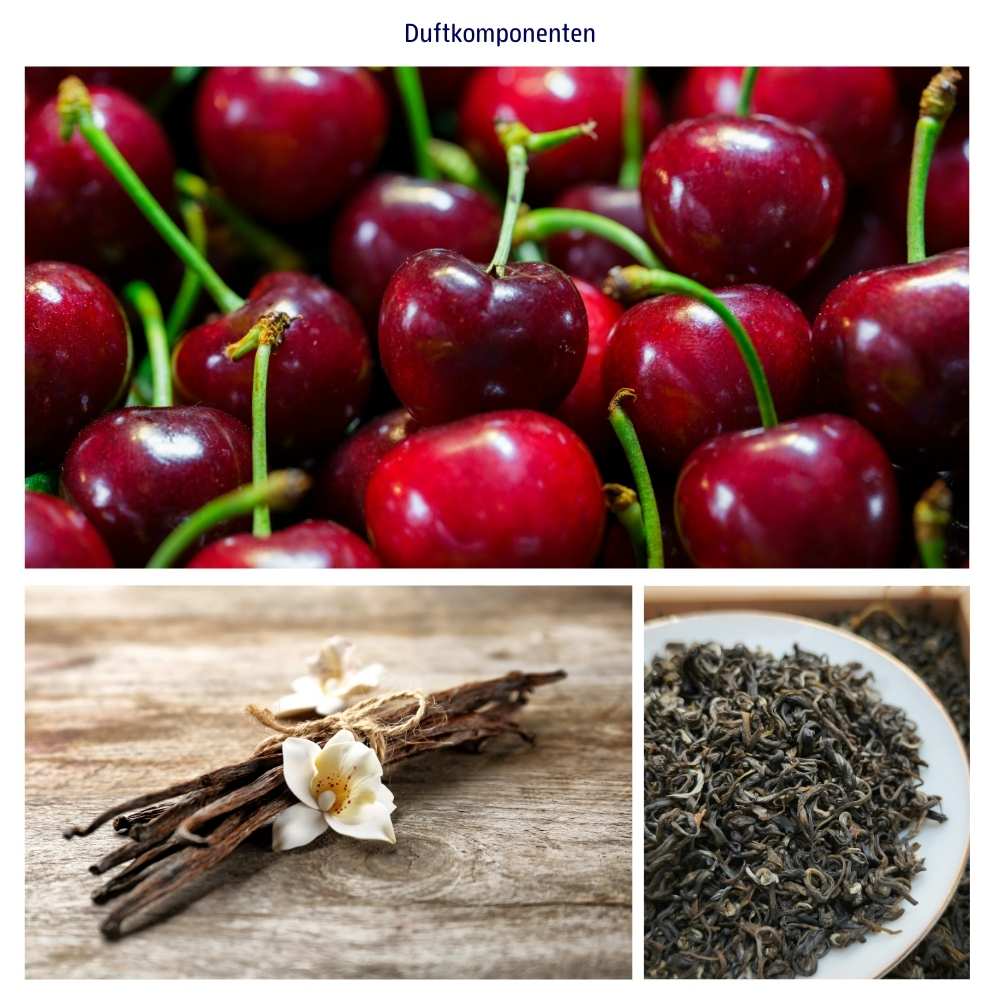 Abbildung der Duftkomponenten Kirsche, Vanille und schwarzer Tee