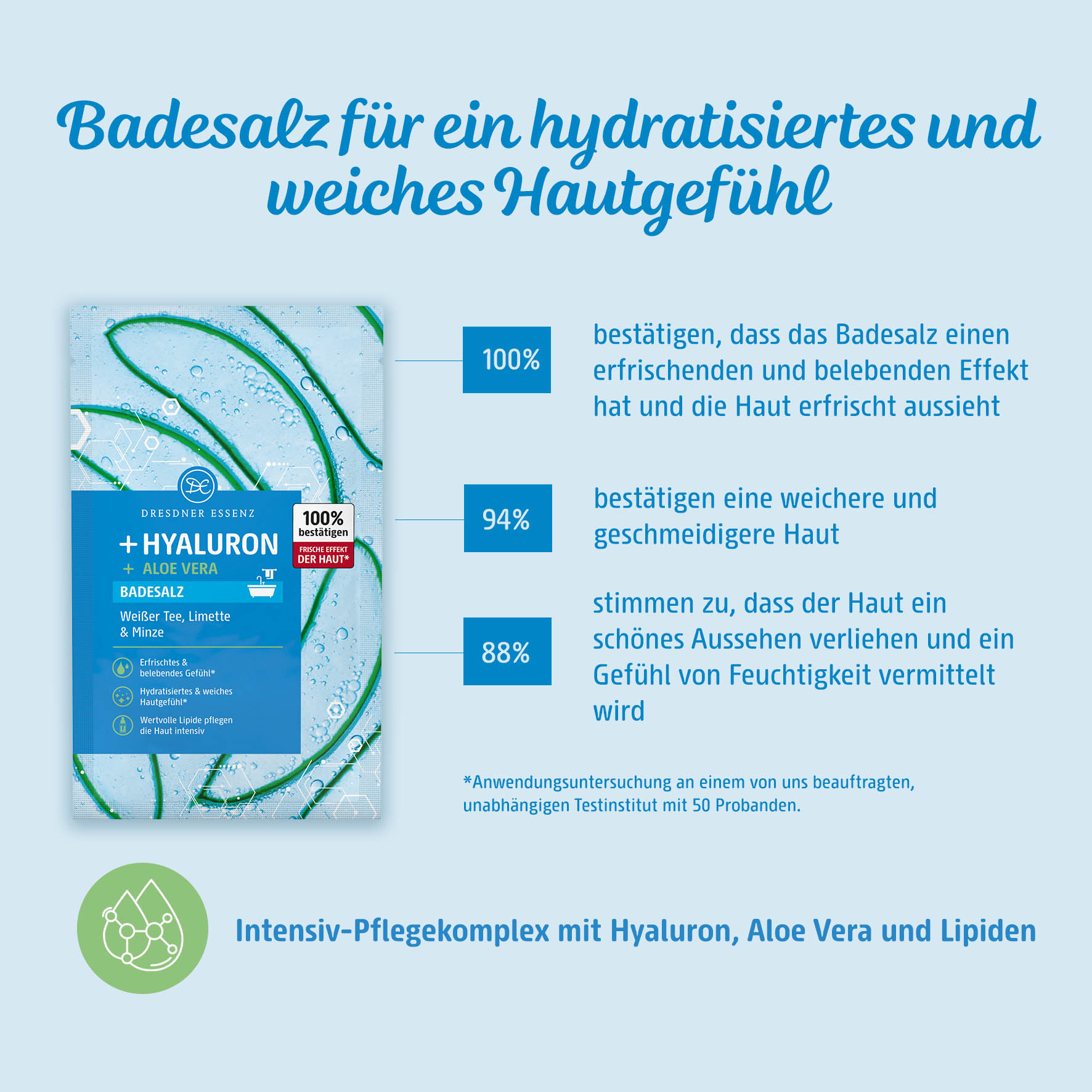 Badesalz mit Hyaluron für ein hydratisiertes und weiches Hautgefuehl mit einem Intensiv-Pflegekomplex mit Hyaluron, Aloe Vera und Lipiden.