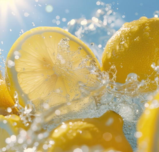 Nahaufnahme von Zitronenscheiben, die in spritzigem Wasser schwimmen