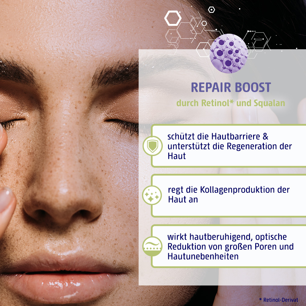 Retinol Tuchmaske schuetzt die Hautbarriere und unterstuetzt die Regeneration der Haut, regt die Kollagenproduktion der Haut an und wirkt hautberuhigend und sorgt fuer eine optische Reduktion von grossen Poren und Hautunebenheiten