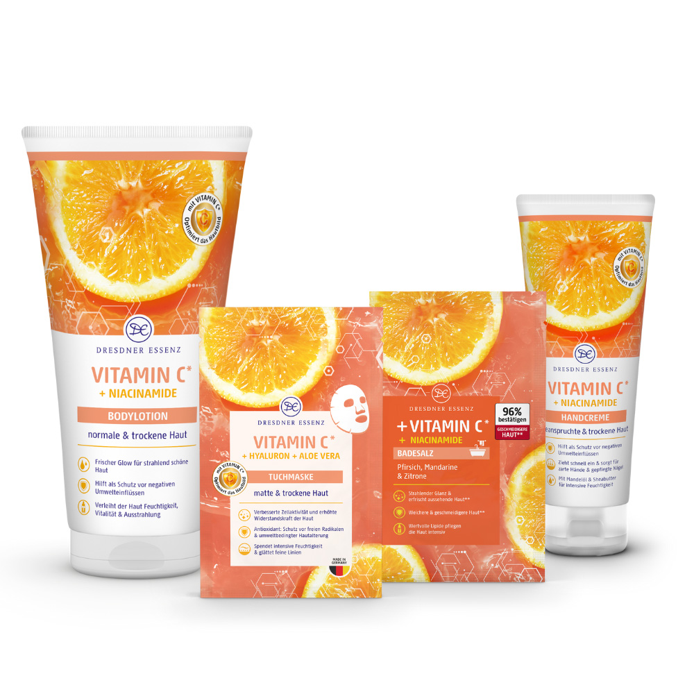 Vorteil-Set Vitamin-C Komponenten des Vorteil-Set Vitamin C: Bodylotion Vitamin C, Tuchmaske Vitamin C, Badesalz Vitamin C und Handcreme Vitamin C