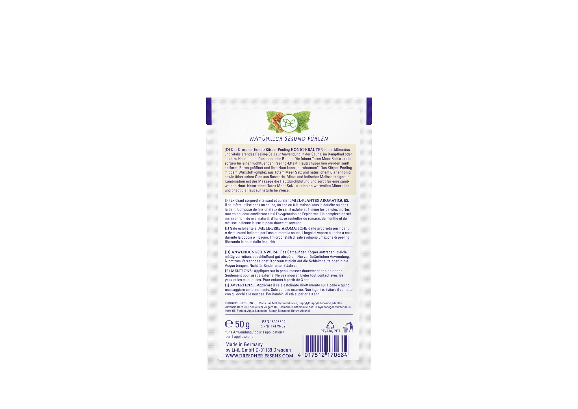 Produktbild Totes Meer Salz Peeling Honig / Kraeuter (Rueckseite)