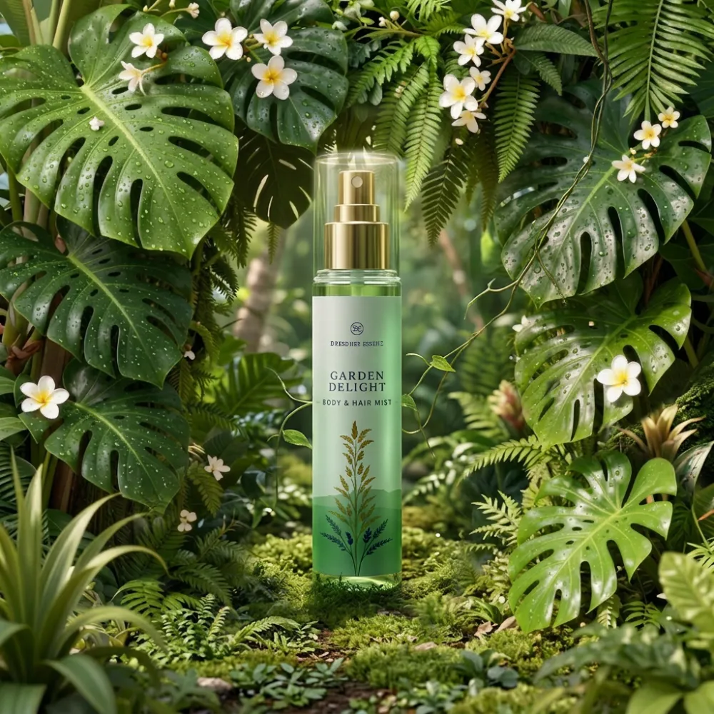 Bodyspray Garden Delight steht in einer tropischen Szenerie aus Blättern und Blüten