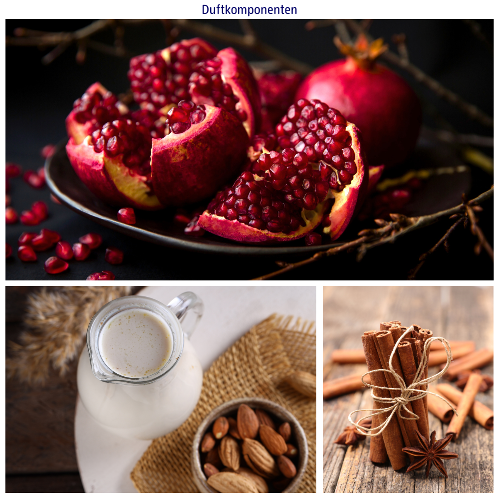 Abbildungen der Duftkomponenten: Granatapfel, Mandelmilch und Zimt