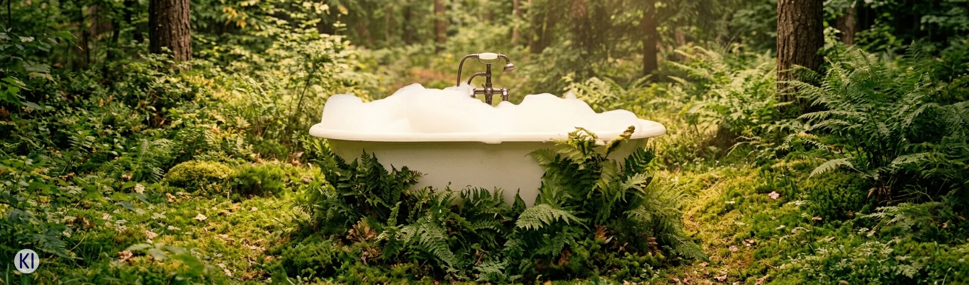 Badewanne steht inmitten eines grünen Waldes