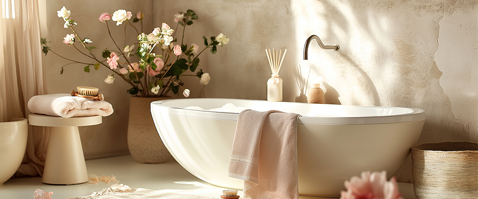 Ein Badezimmer mit einer gemütlichen Badewanne, einer Vase mit Blumen und Handtüchern.