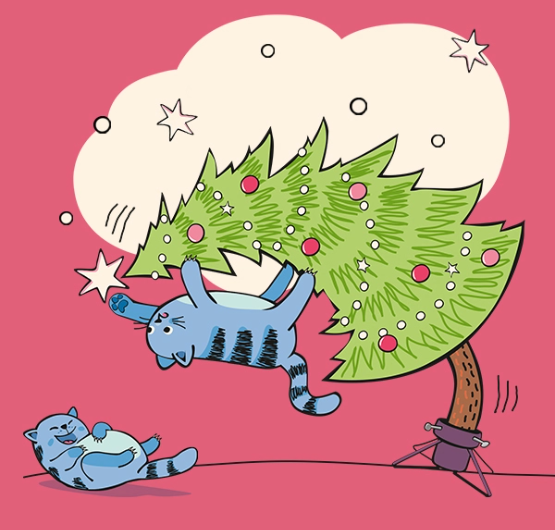 Eine Katze ist an die Spitze eines Tannenbaumes geklettert und versucht, die Spitze zu erreichen. Dabei verbiegt sich der gesamte Baum und eine andere Katze lacht darueber.