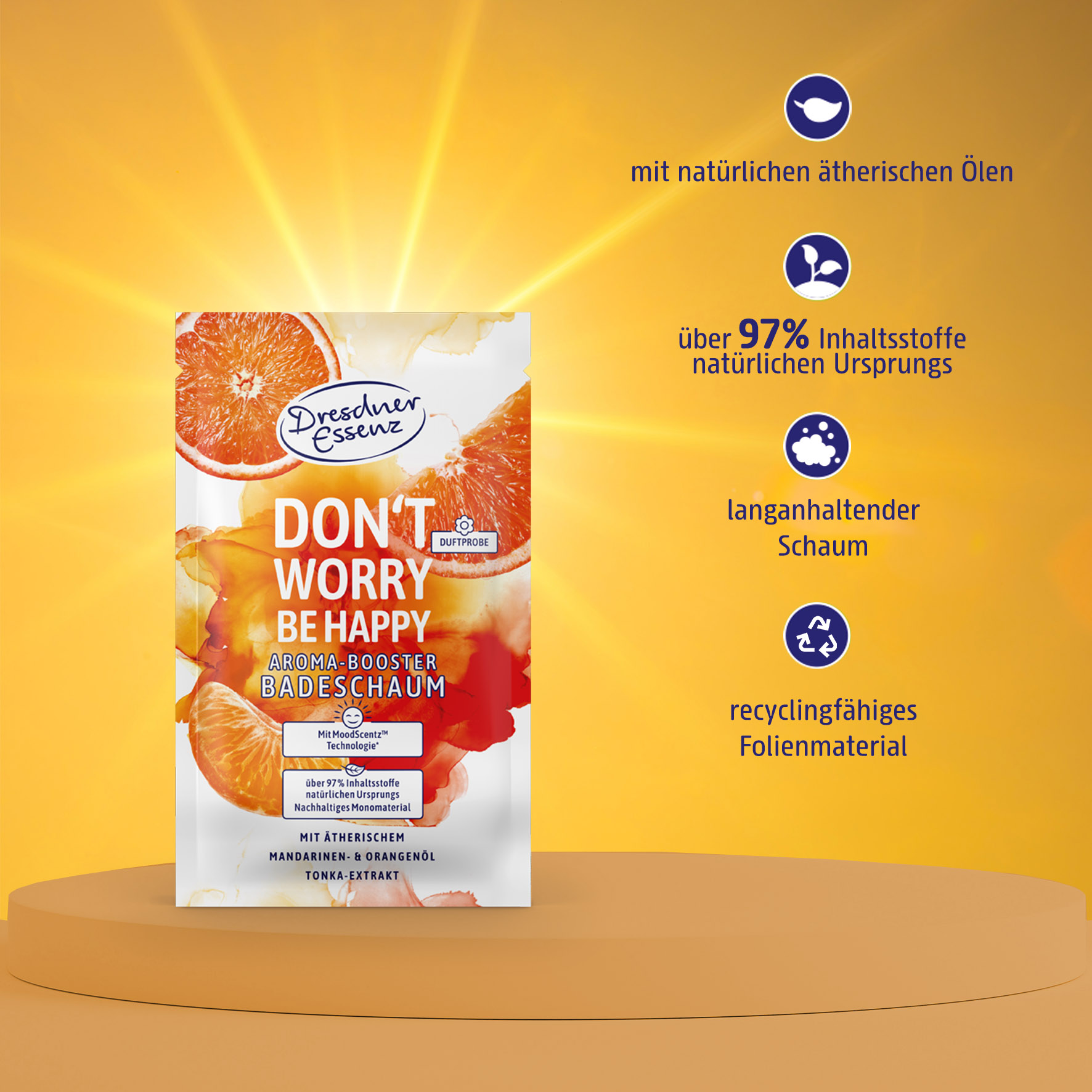Badeschaum "Don't Worry Be Happy" ist mit natuerlichen aetherischen Oelen und ueber 97 Prozent der Inhaltsstoffe sind natuerlichen Ursprungs. Das Produkt bringt langanhaltenden Schaum und besetht aus recyclingfaehigem Folienmaterial.