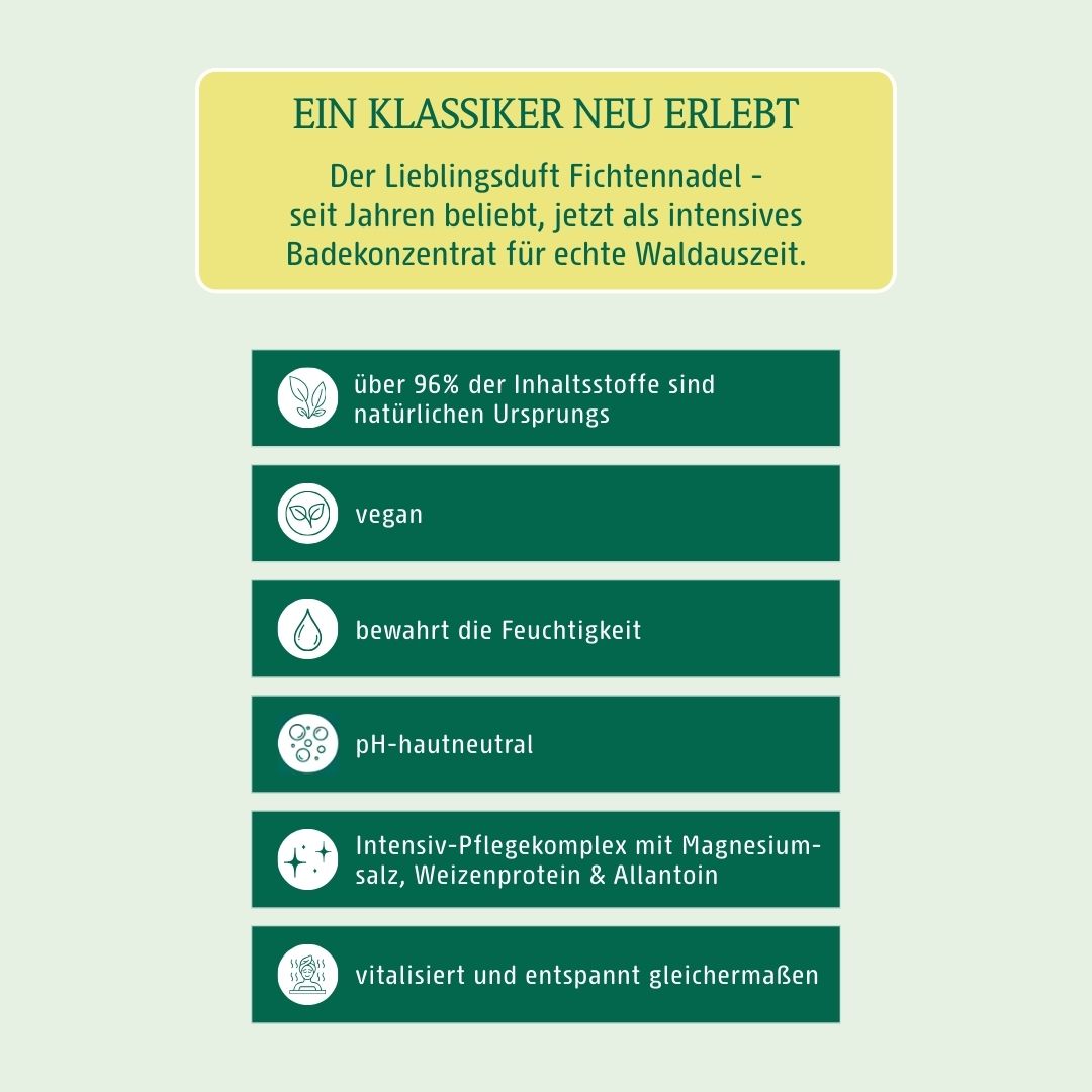 Das Badekonzentrat Fichtennadel ist vegan, bewahrt die Feuchtigkeit, ist pH-hautneutral und mit einem Intensiv-Pflegekomplex. Es vitalisiert und entspannt gleichermassen.