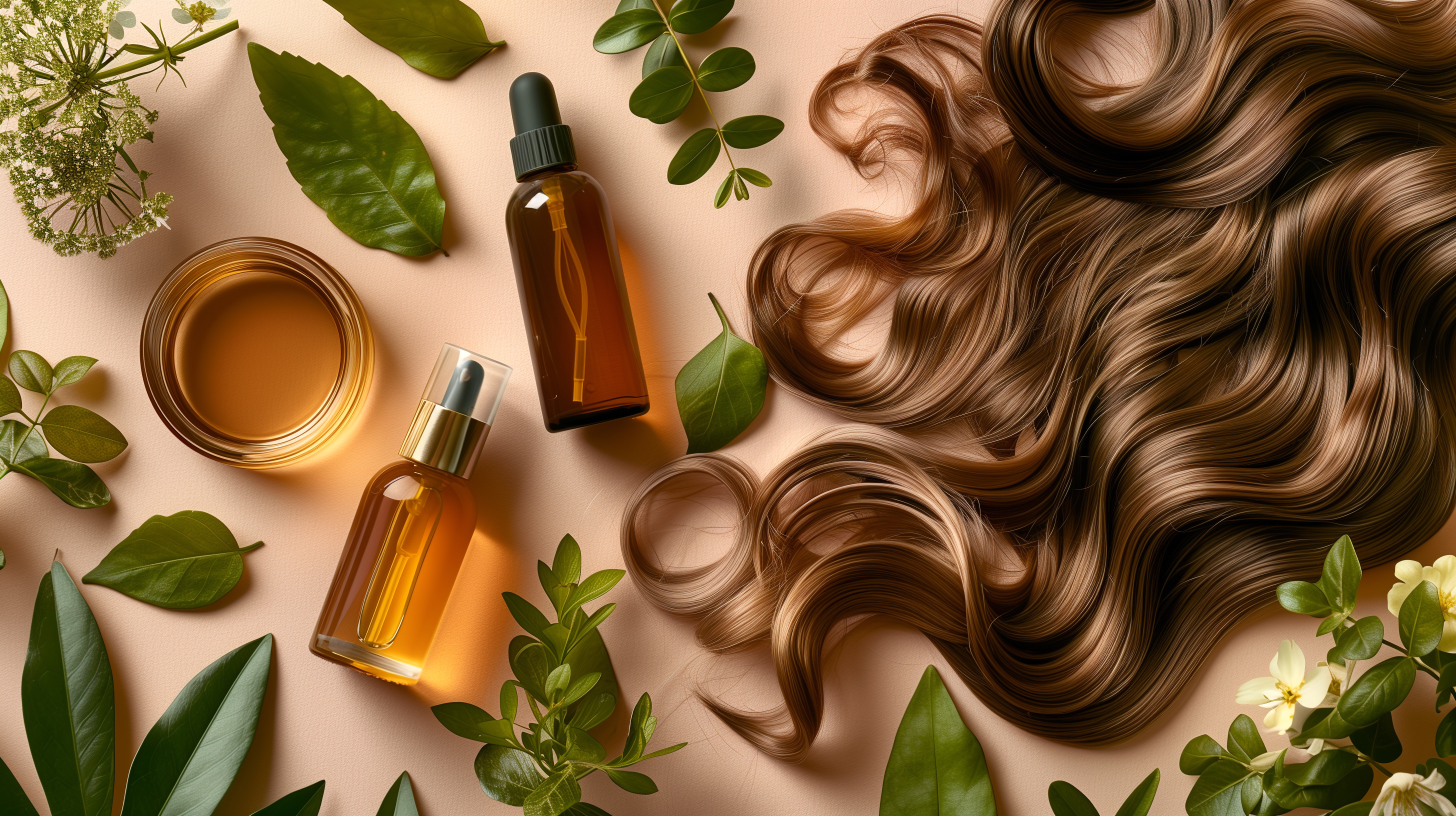 Lange, braune Haare liegen zwischen verschiedenen Blaettern und Kraeutern. Neben den Haaren liegen verschiedene Pflegeprodukte in Oelflaschen bzw. in Tiegeln.