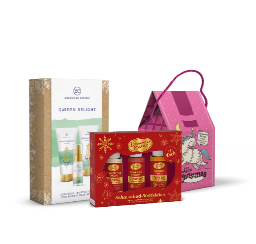 Produktabbildungen der Geschenksets Garden Delight, Schaumbad Kollektion und For a magical christmas